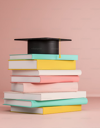 Stack of books with mortarboard