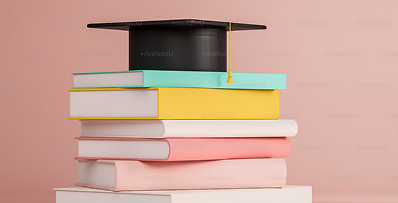 Stack of books with mortarboard